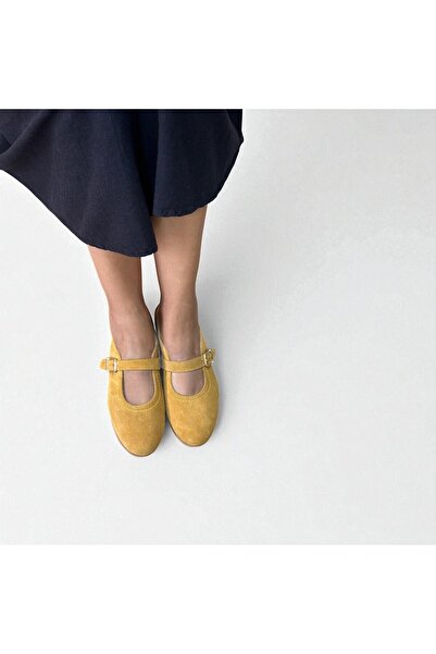 NE&VE SHOES Mustard Suede Genuine Leather Buckle Women's Ballerinas
