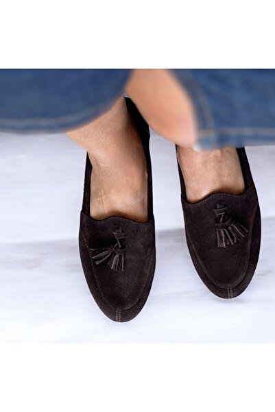 NE&VE SHOES Kahve Süet Hakiki Deri Püsküllü Kadın Loafer Ayakkabı