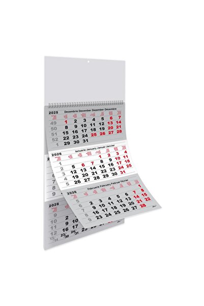 Libra Calendar Triptych A3 2026, 12 Glossy Paper Sheets, Gray and Red