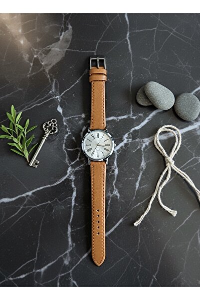 wesscollection Retro Kare Çelik Kordon Kol Saati Retro Yuvarlak Deri Kordon Kol Saati Kahve-Gümüş