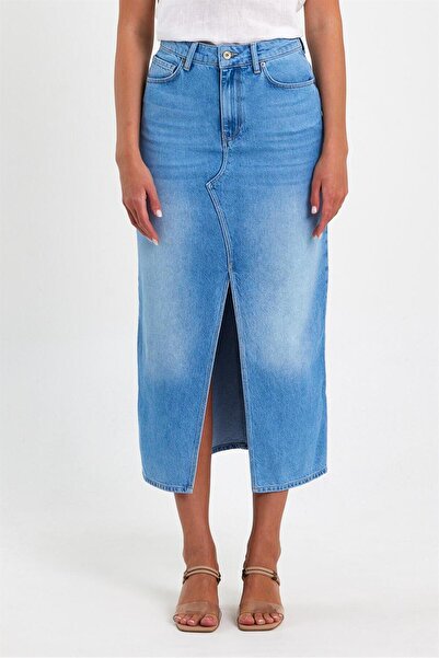 VENA Fusta creion din denim cu fantă Rita Midi Med Blue - Med Blue