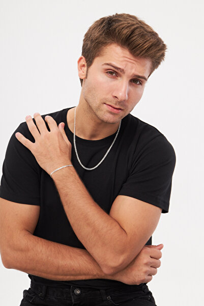 Ventino Silver 4mm Gurmet 925 Ayar Gümüş Erkek Zincir Kolye Bileklik Set Ves-...