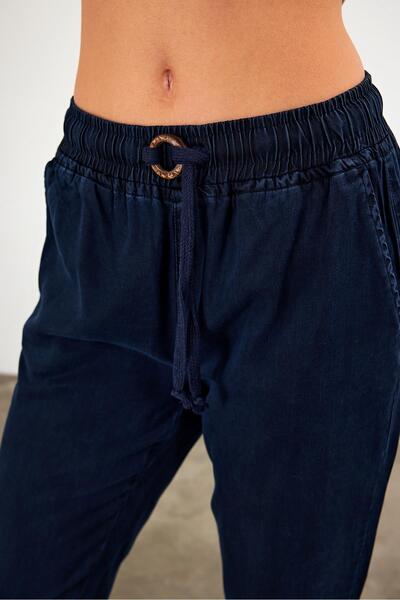 VENA Women's Alian Navy Blue Elastic Waist Lyocell Trousers