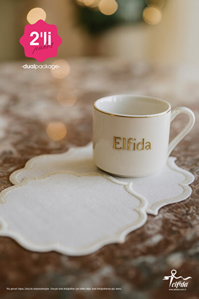 ELFİDA Luxury Embroidered Cocktail Coffee Serving Tray Napkin Mini Placemat - Gold Glitter Baroque 1 (2 Pcs)