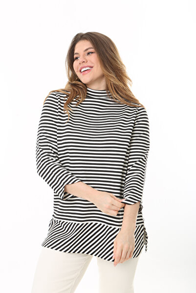 Şans Women's Large Size Black Stand Collar Side Slit Glitter Striped Tunic 65N37523