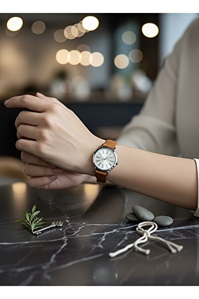 wesscollection Retro Kare Çelik Kordon Kol Saati Retro Yuvarlak Deri Kordon Kol Saati Kahve-Gümüş