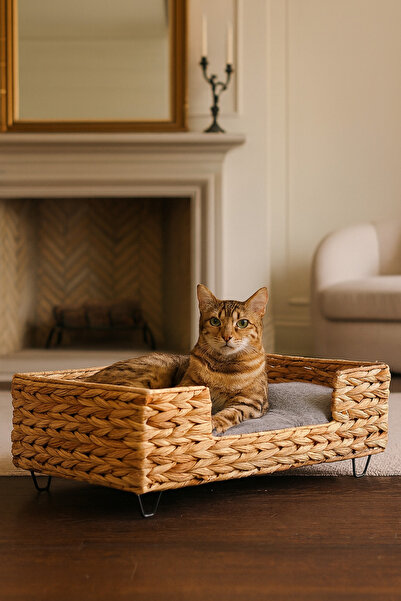 Evistro Dekoratif Dikdörtgen Hasır Kedi Köpek Yatagı Sepet 50x40x20cm