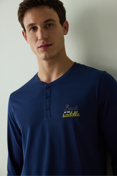 Penti Erkek Saddle Slogan Baskılı Düğmeli Bisiklet Yaka Pamuklu Pijama Takımı