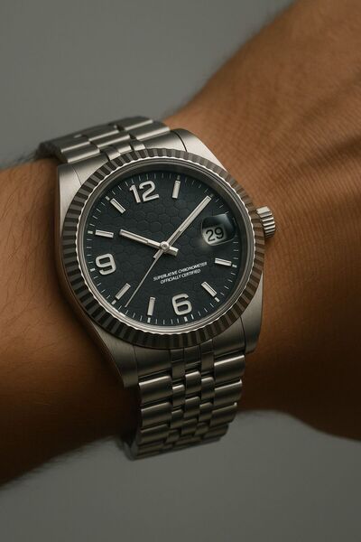 Eyiser Store Premium Steel Men's Wristwatch – Black Honeycomb Pattern Dial, Calendar, Gift with Special Box