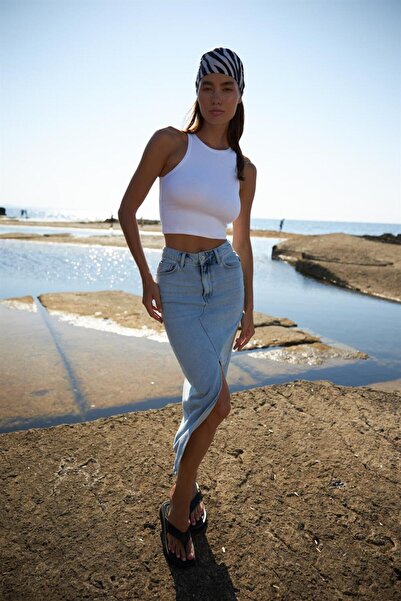 VENA Fusta creion din denim cu fantă Rita Midi Med Blue - Med Blue