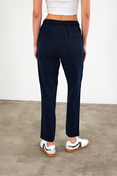 VENA Women's Alian Navy Blue Elastic Waist Lyocell Trousers