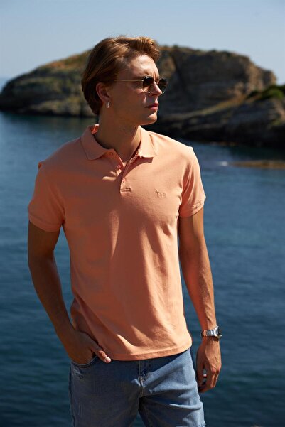 VENA Martin Polo Collar Slim Fit Pique T-Shirt - Peach