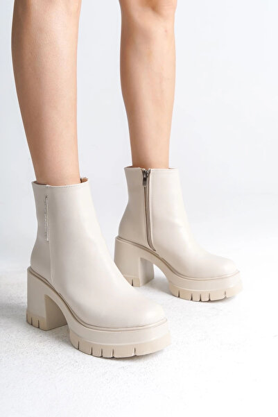 Joy Ayakkabı Lisse Zippered Orthopedic Sole Thick Heeled Women's Boots Kt - Cream