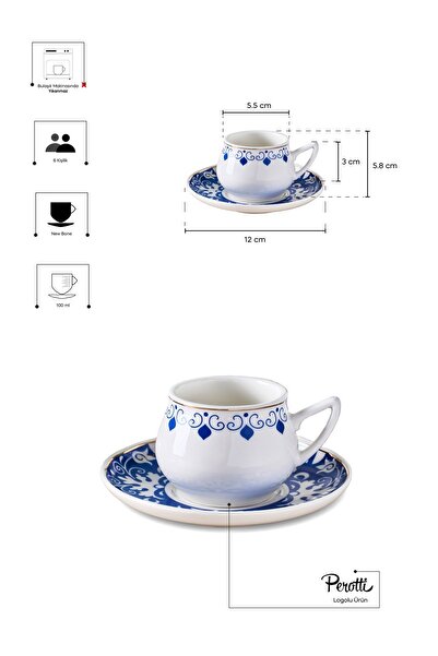 Perotti Mavibahçe 6 Kişilik Porselen Kahve Fincanı Takımı