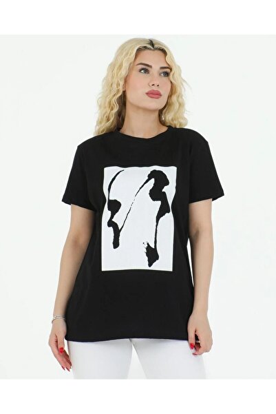 nurneva Γυναικείο μπλουζάκι με λαιμόκοψη με γραφικό σχέδιο, κανονικό σχήμα, μαύρο μπλουζάκι