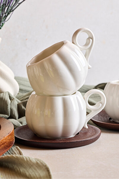 Perotti طقم فناجين قهوة من البورسلين الحديث مكون من 6 قطع من دارك لوتس مع صحون من خشب الأكاسيا