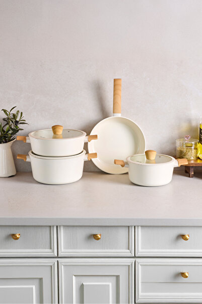 Perotti Danish Cook Beige İndüksiyon Tabanlı 7 Parça Tencere Seti Ahşap Saplı 1302