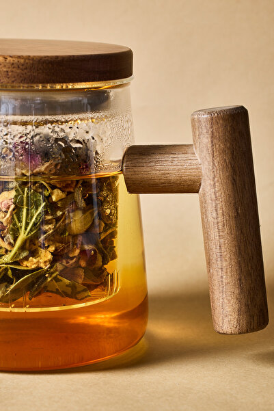 Perotti Herby Borosilikat 500 ml Acacia Detail Plant Tea Cup Teapot with Glass Strainer