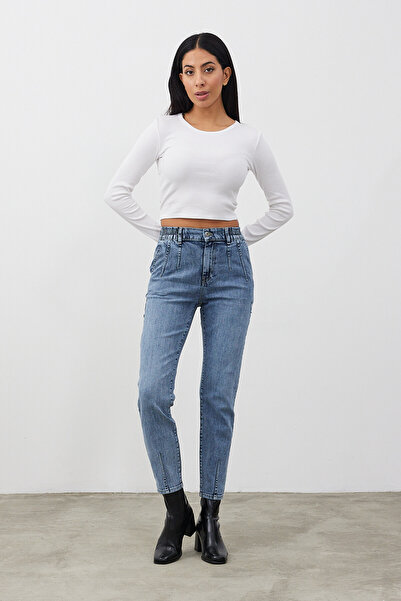 VENA Norah Med Blue Frayed Λεπτομερές τζιν παντελόνι με ελαστική μέση - Med Blue