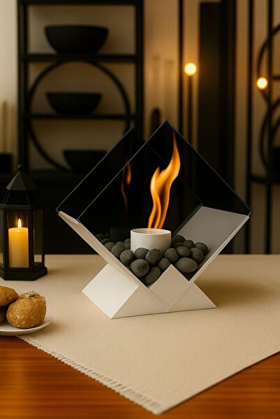 Home MASA ÜSTÜ BEYAZ ŞÖMİNE FÜME CAMLI