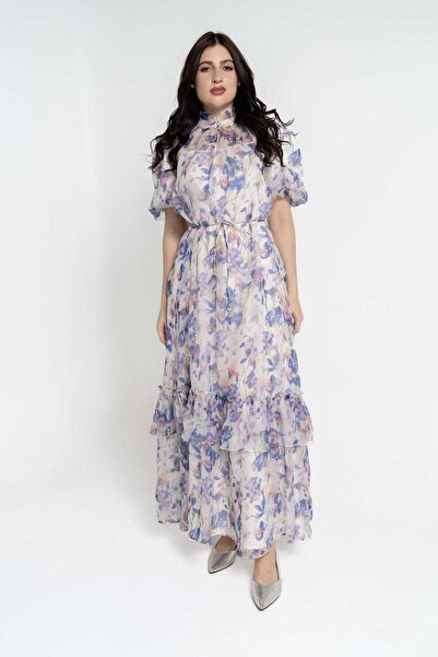 Nichii Floral Short-Sleeve Maxi Dress with Ruffles