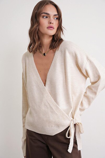 Mixray 6959 Women's Bow Knit Cardigan Natural