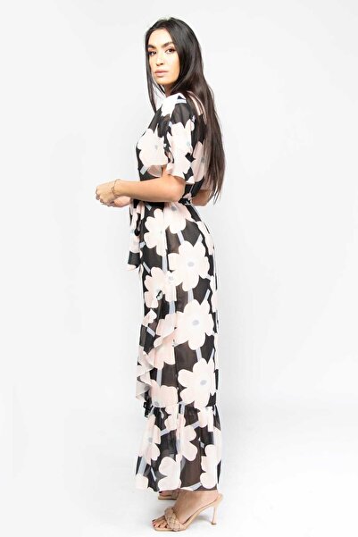 Nichii Long Sleeve Lace Trimmed Lined Chiffon Midi Dress