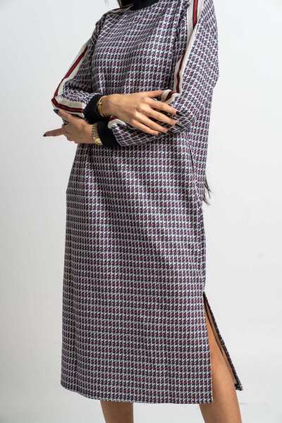 Nichii Women's Long Sleeve Striped Midi Dress with Checkered Pattern