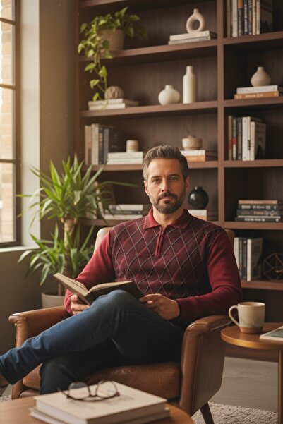 Kamalı Men's Steel Knit Diamond Patterned Shirt Collar Zippered Polo Collar Anti-Pilling Knitwear Winter Dad Sweater