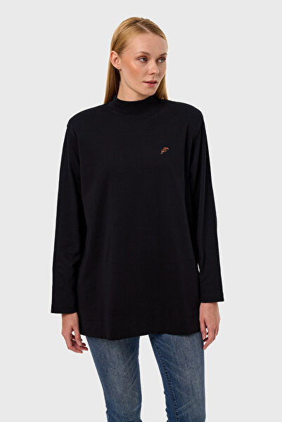 qanpaq Turey - Black Women's Embroidered Snap Fastener Padded Stand Collar Oversized Long Sleeve Basic