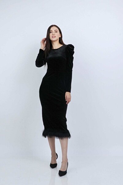 Nichii Long Sleeve Midi Dress with Feather Trim