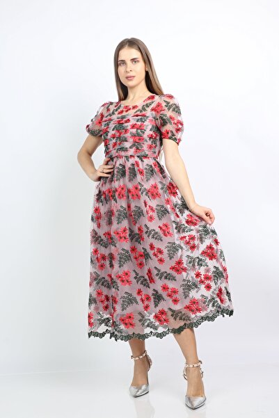 Nichii Floral Print Short Sleeve Padded Midi Dress