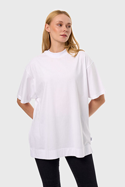 qanpaq Luna - Beyaz Kadın Oversize Dik Yaka Basic T-shirt