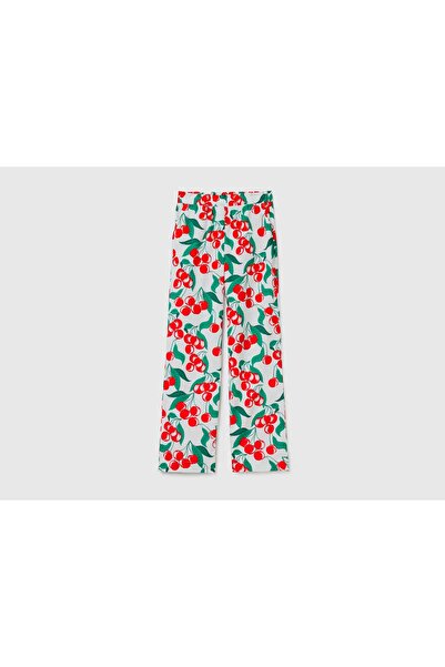 United Colors of Benetton Women's Long Cherry Print Pants with Elastic Waist