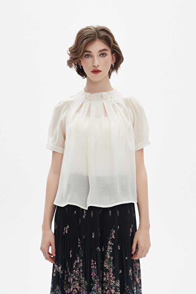 Nichii Short Sleeve Ruffled Neckline Blouse