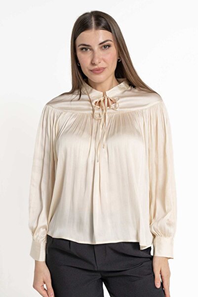 mica بلوزة نسائية سادة بأكمام طويلة وياقة مكشكشة