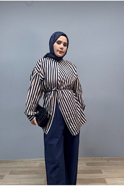 POLEN Asimetrik kesim tasarım çizgili gömlek