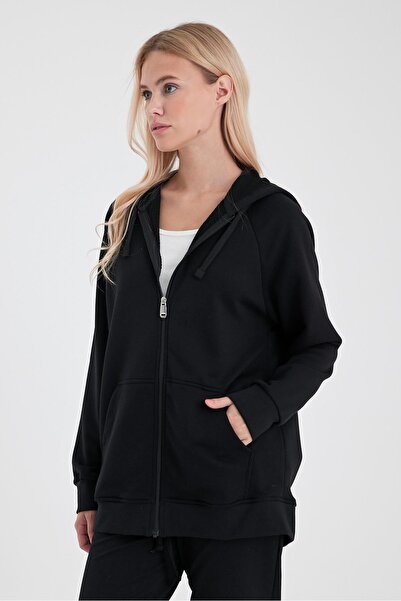 VENA Grace качула с цип, редовна кройка, базова блуза - черна