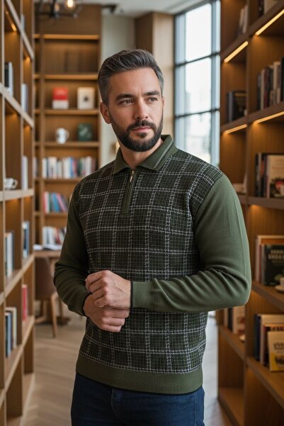 Kamalı Men's Steel Knit Houndstooth Shirt Collar Zippered Polo Collar Non-Pilling Knitwear Winter Dad Sweater