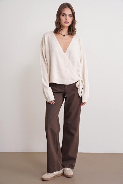 Mixray 6959 Women's Bow Knit Cardigan Natural