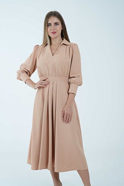 Nichii Women's Plain Midi Dress with Long Sleeves and Fitted Waist