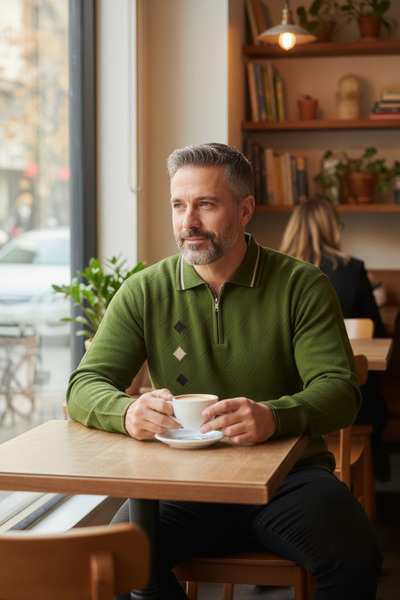 Kamalı Χακί ανδρικό πλεκτό πουλόβερ με φερμουάρ Intarsia Gofra με λαιμόκοψη