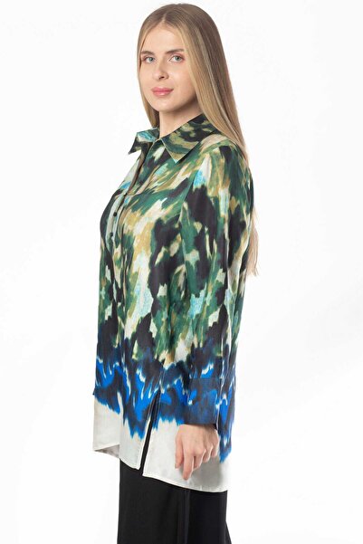 Nichii Women's Long Printed Blouse with Front Buttons and Long Sleeves