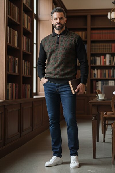 Kamalı Чоловічий трикотажний светр з коміром-стійкою, застібкою-блискавкою, коміром-поло, непихнатий трикотаж, зимовий светр для чоловіків