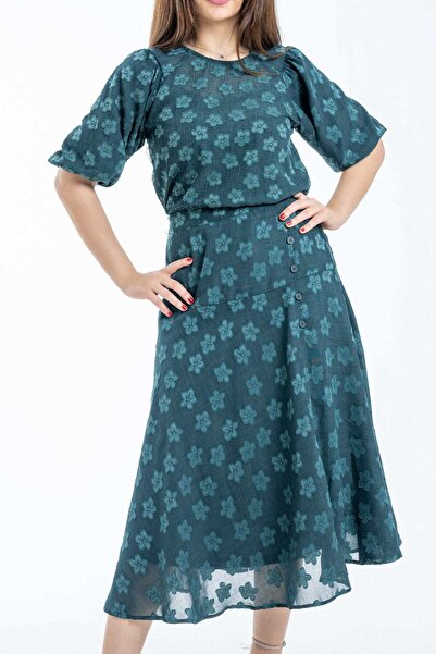 mica Embroidered Floral Midi Skirt with Side Buttons