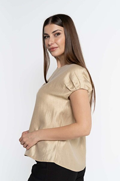 Nichii Women's Solid Short Sleeve Blouse with Shine Top