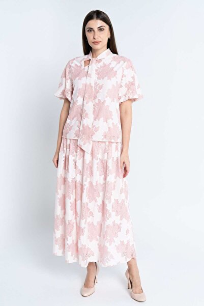 Nichii Women's Short Sleeve Printed Top with Long Neck Tie