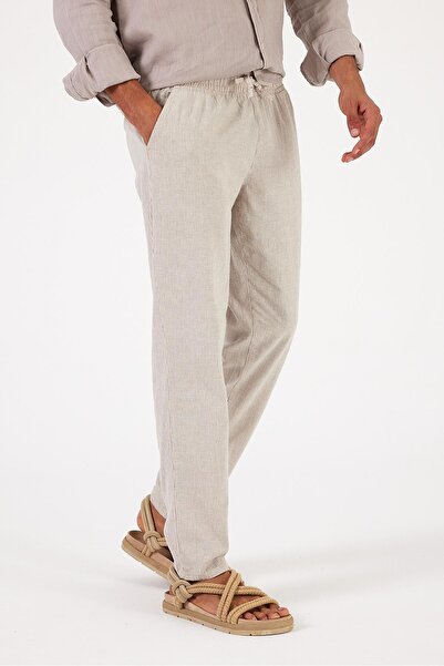 VENA Alfred Beli Lastikli Çizgili Keten Pantolon-Gri Çizgili