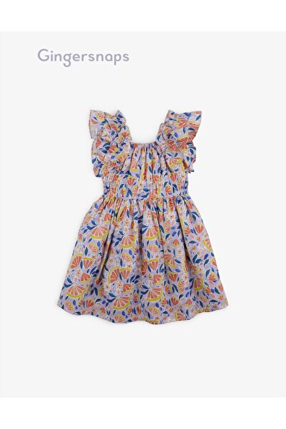 Gingersnaps Girls' Floral Waist-Defined Dress with Ruffles on Shoulder