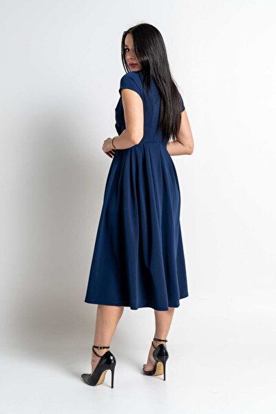 Nichii Short Sleeve Wide Collar Midi Wrap Dress